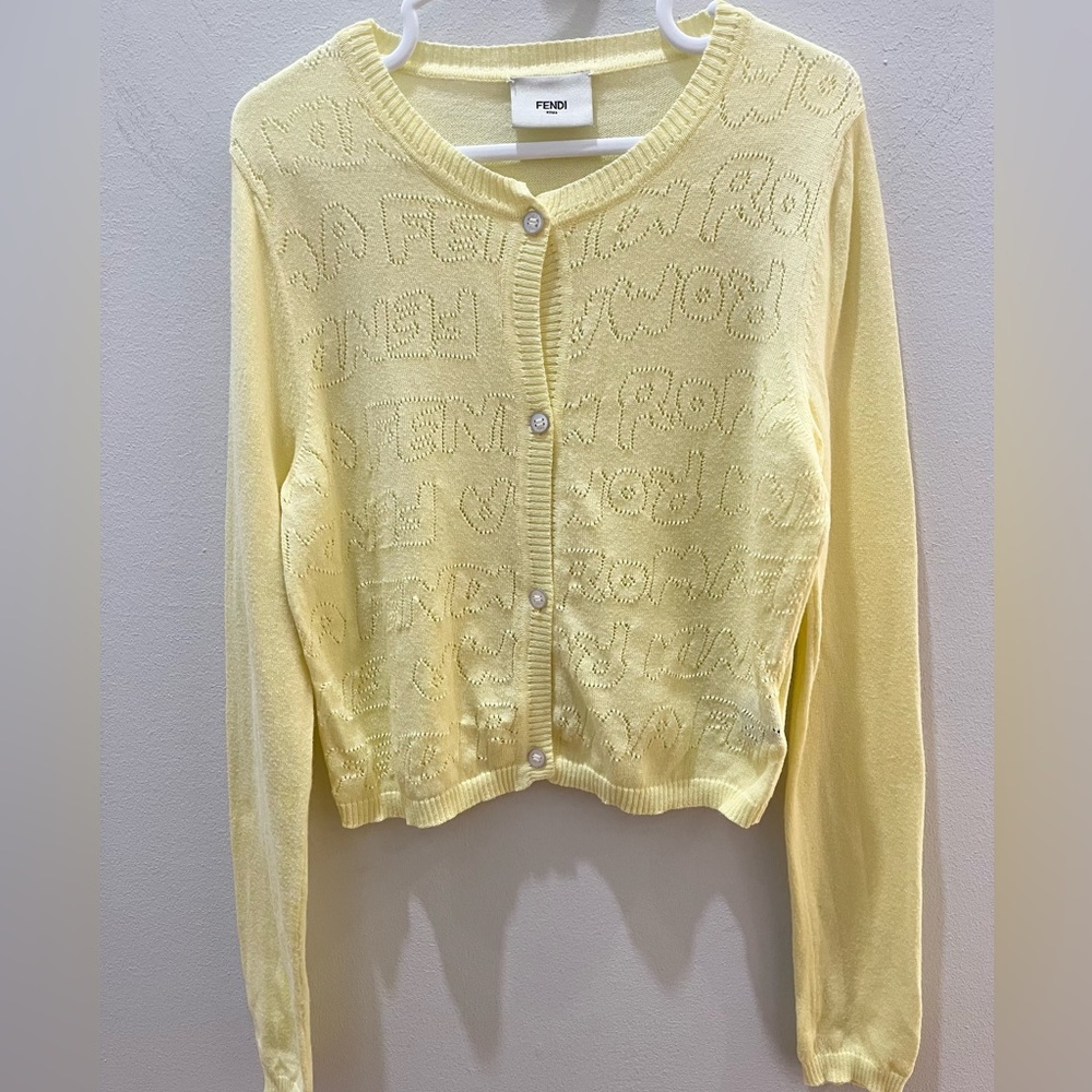 Fendi Junior Girls Yellow Cotton Cardigan Fendi Motif Made in Italy Size 8A